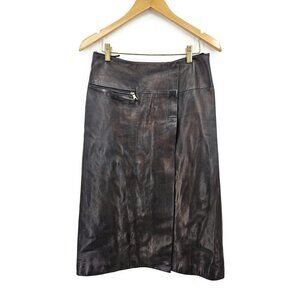 Prada Buttery Soft Leather Wrap Skirt Womens 42 Midi Black with Bronze Sheen